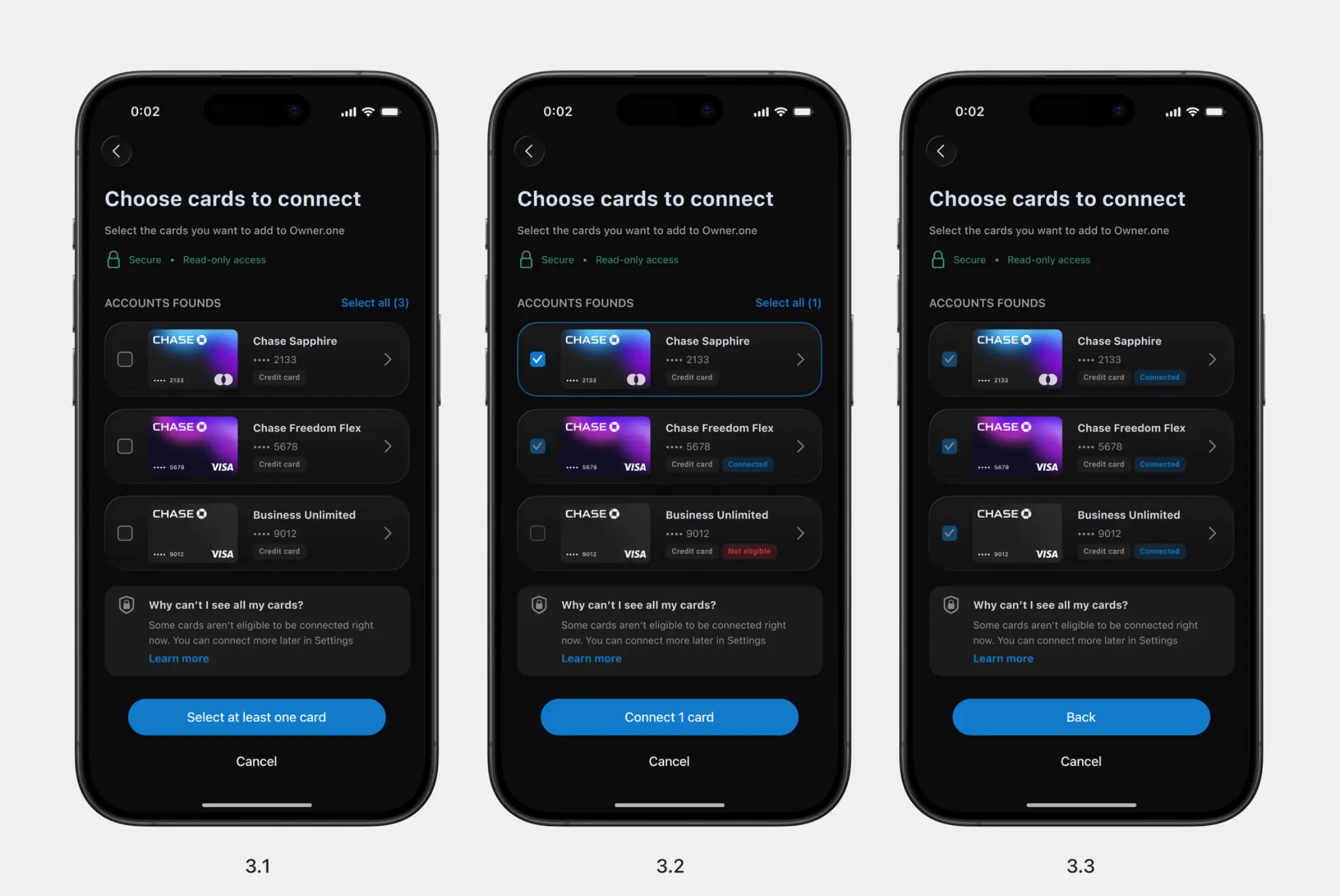 Selectable, selected, already connected and ineligible card states