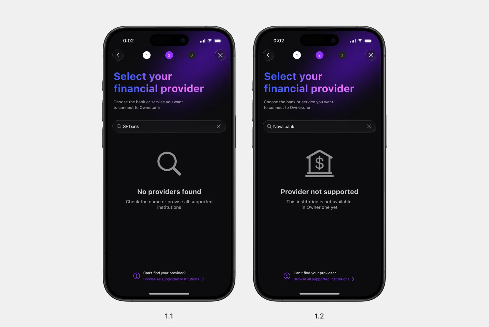 Provider search states for no results and an unsupported financial institution
