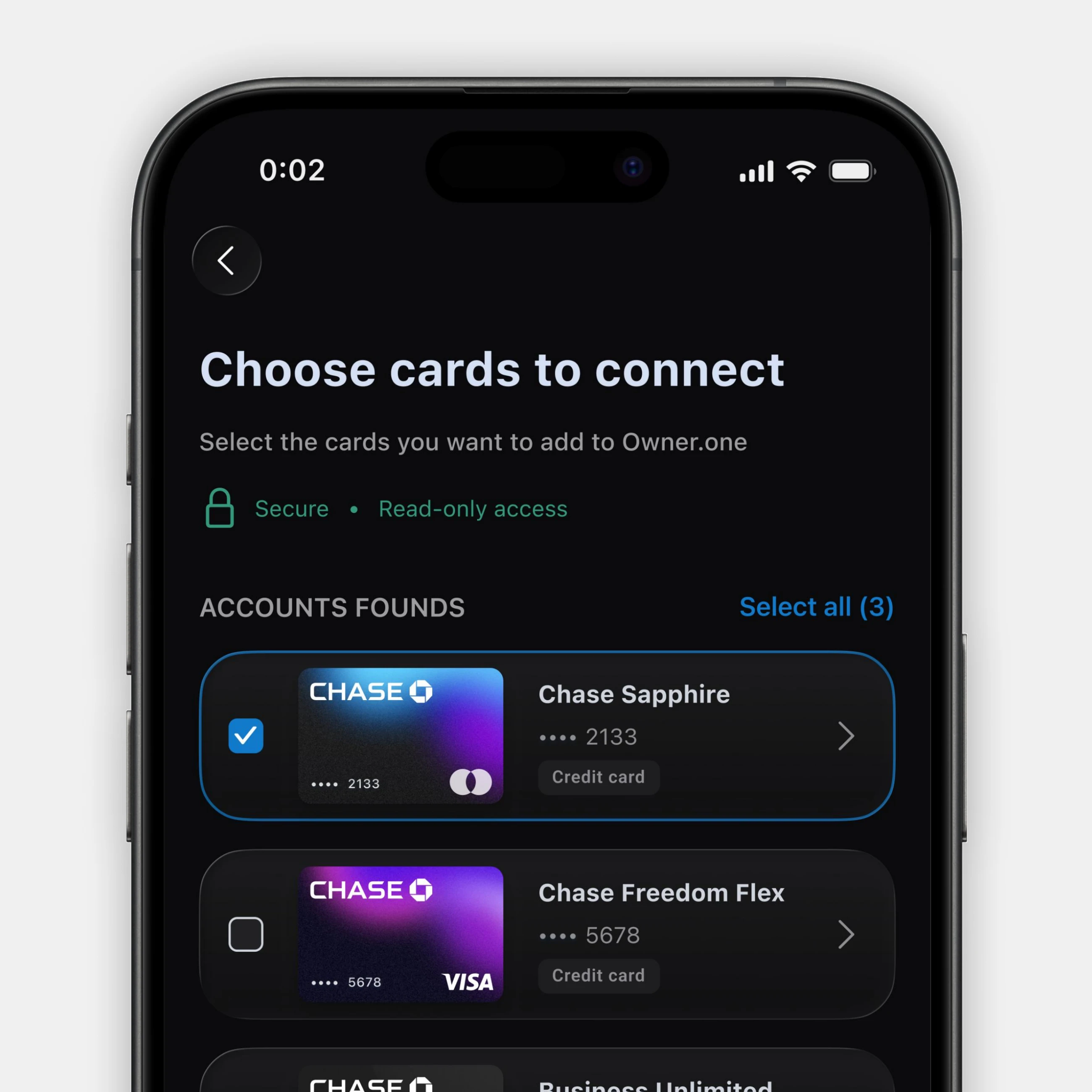 Choose cards to connect screen