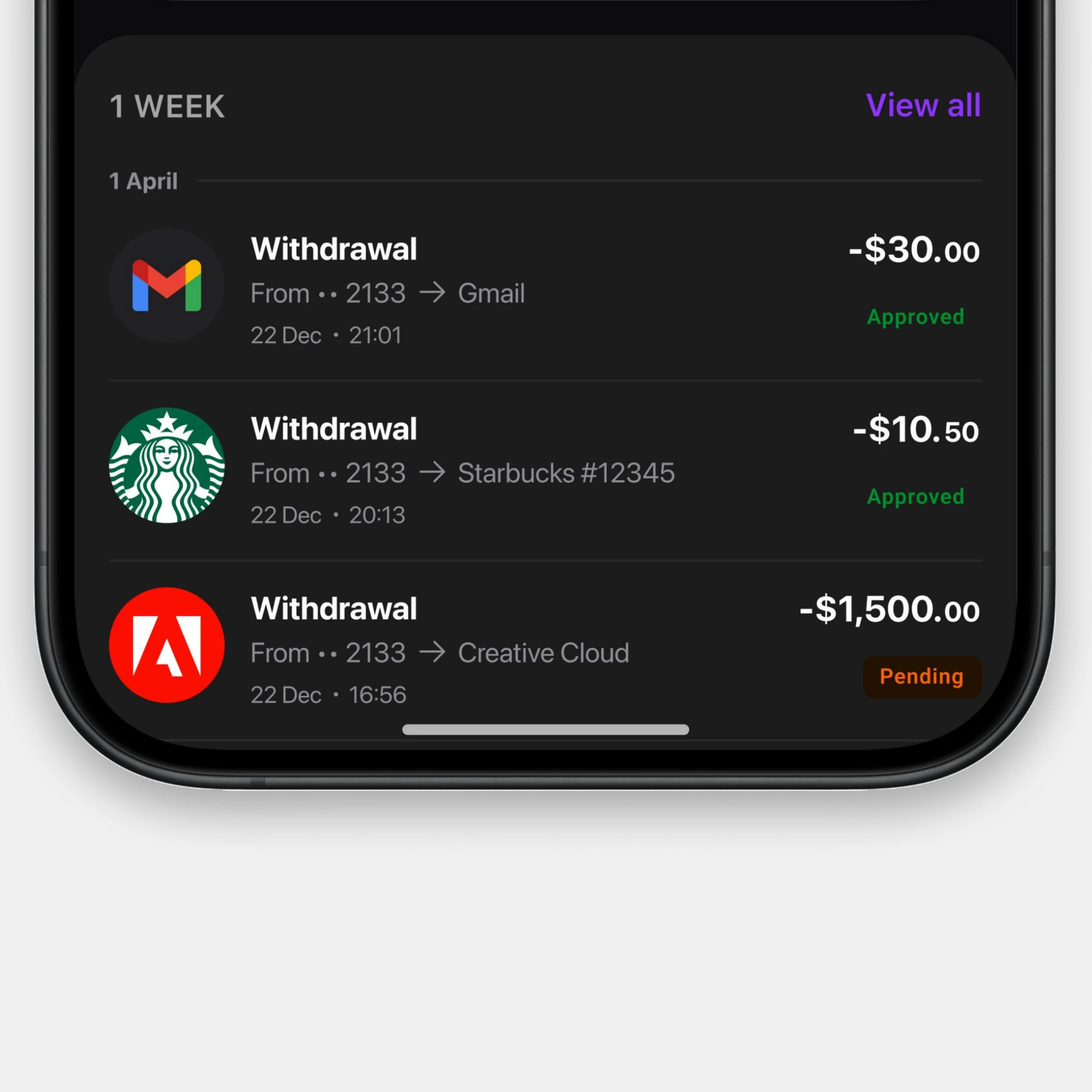Scattered card transactions screen